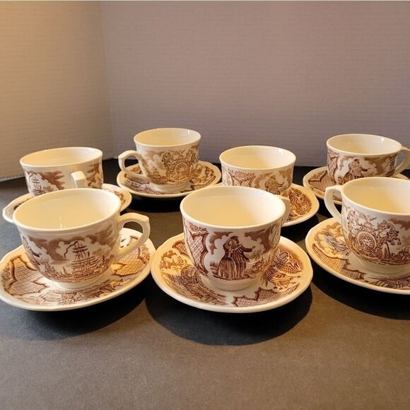 ALFRED Meakin Fair Winds Sailor Fairwell Brown 7 Tea Cup and 9 sauces Nwt